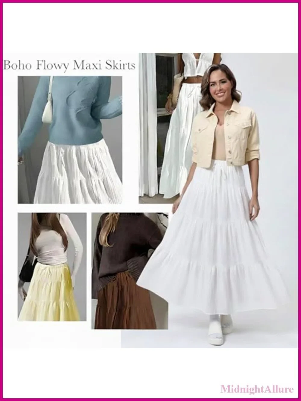 Boho Flowy White Maxi Skirt with Ruffled Hem Elastic Waist A Line